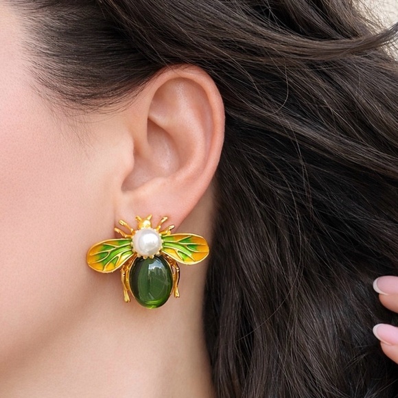 Jewelry - Gold and Green Bee Earrings